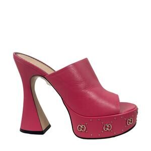 Gucci GG Studs Leather Platform Slide Sandals Rhodamine Pink Size 40